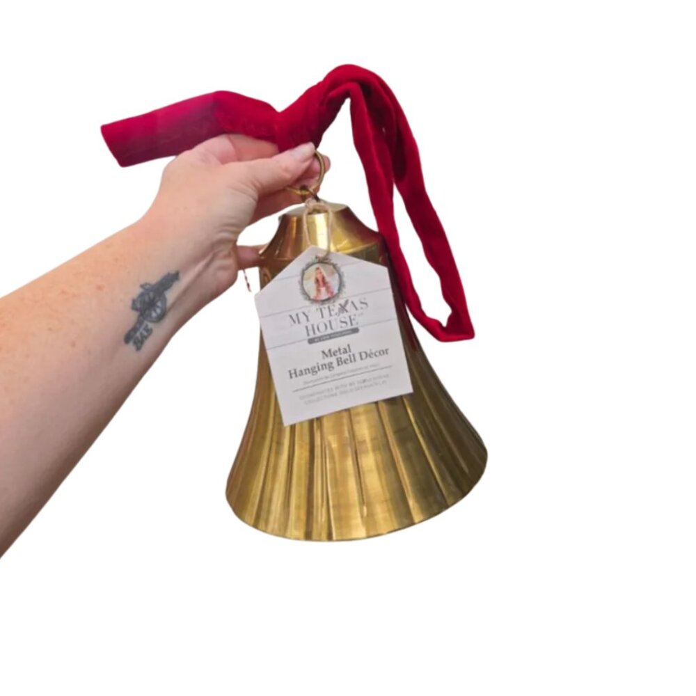 My Texas House Metal Hanging Bell Gold Holiday Decor w/ Red Ribbon 7.5" 6 avail